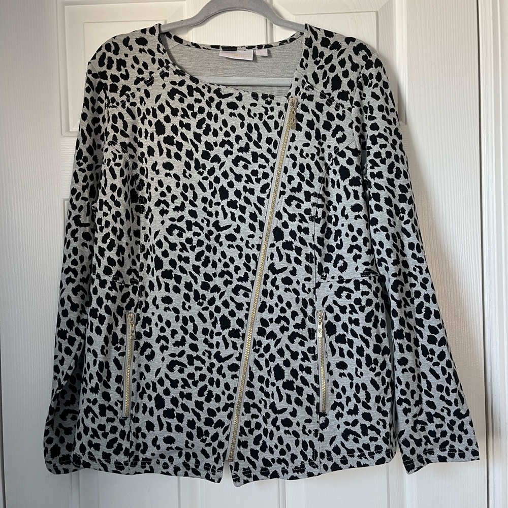 Belle by Kim Gravel: Grey and black leopard print zip up top
Original price: $52
